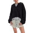 thumbnail image 1 of Female Chunky Cable Crop Sweater Pullover Casual Half Button Flared Long Sleeve Jumper Pullovers Black M, 1 of 9