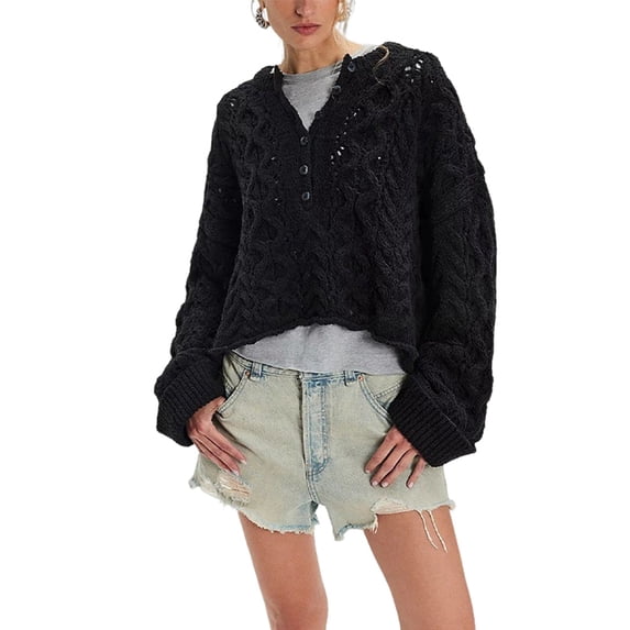 Female Chunky Cable Crop Sweater Pullover Casual Half Button Flared Long Sleeve Jumper Pullovers Black M