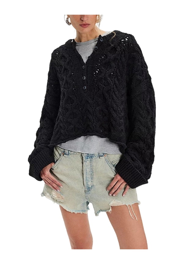 Female Chunky Cable Crop Sweater Pullover Casual Half Button Flared Long Sleeve Jumper Pullovers Black M