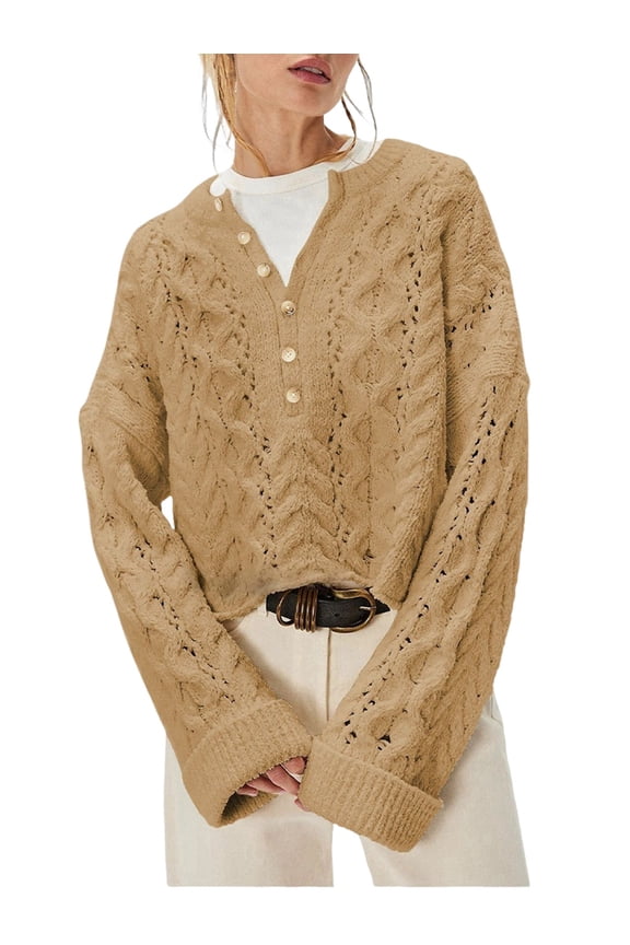 Female Chunky Cable Crop Sweater Pullover Casual Half Button Flared Long Sleeve Jumper Pullovers Khaki S