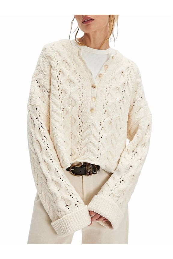 Female Chunky Cable Crop Sweater Pullover Casual Half Button Flared Long Sleeve Jumper Pullovers M