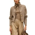 thumbnail image 1 of Female Chunky Knit Cardigan Sweaters Button Down Mock Neck Open Front Jacket Camel Color S, 1 of 8