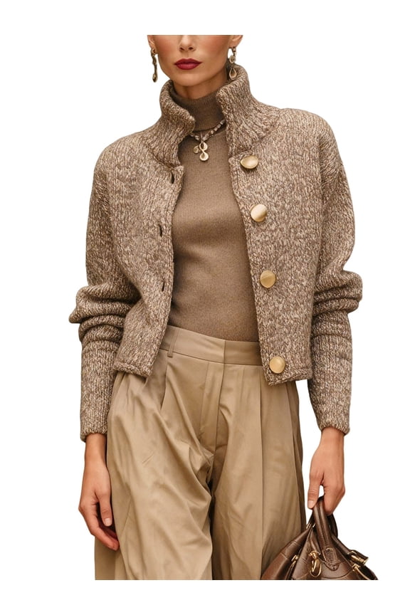 Female Chunky Knit Cardigan Sweaters Button Down Mock Neck Open Front Jacket Camel Color S