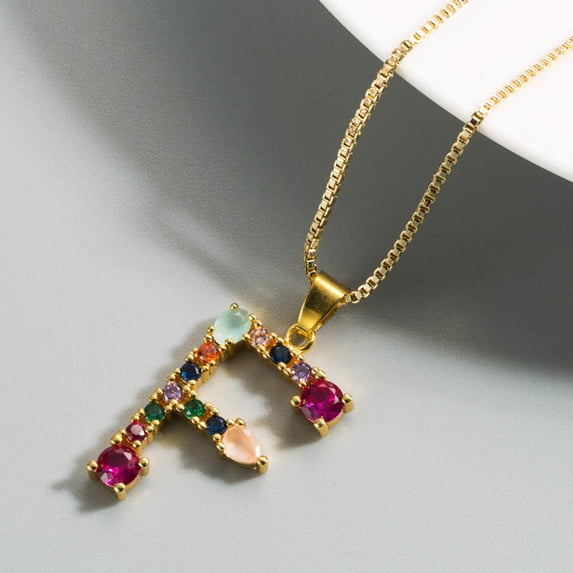 Female Colored Gemstone Necklace Gold-plated Copper With 26 English Letters Clavicle Chain
