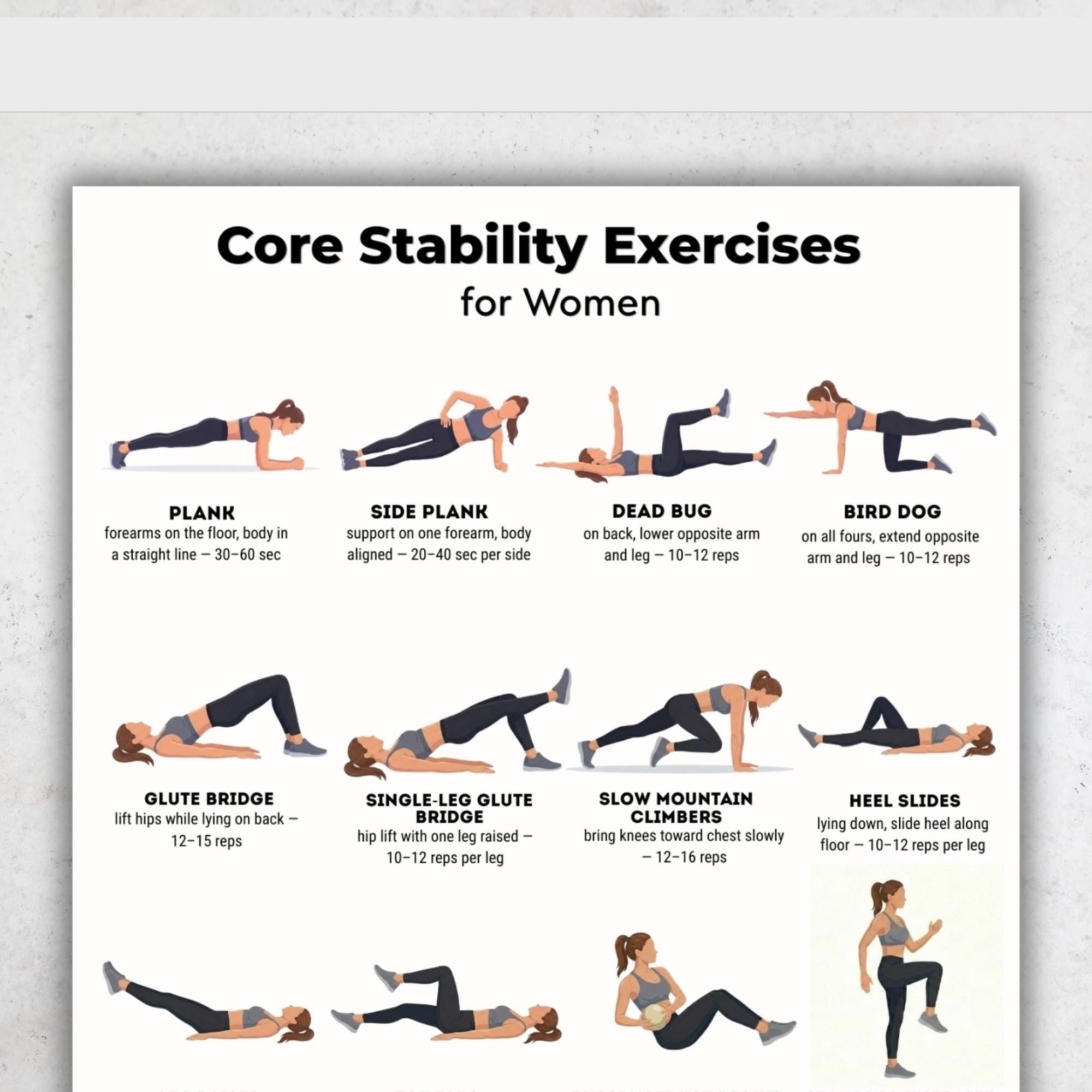 Female Core Stability Exercise Poster Core Stability Exercise Poster ...