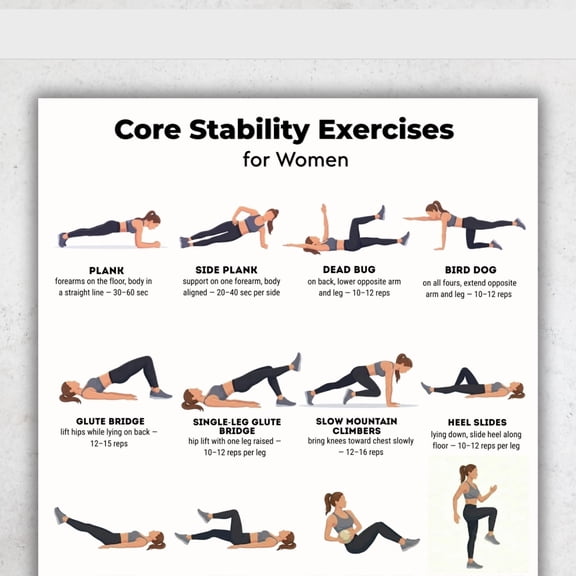 Female Core Stability Exercise Poster Core Stability Exercise Poster Home Gym No Equipment Core Exercise Poster