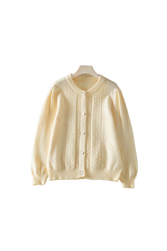 Female Crochet Cardigan Long Sleeve Fancy Openwork Knit Sweater Jumper Cream White L