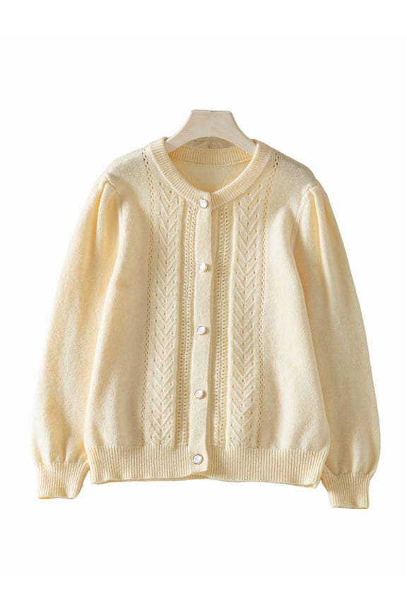 Female Crochet Cardigan Long Sleeve Fancy Openwork Knit Sweater Jumper Cream White XL