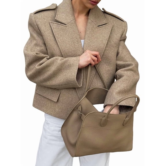 Female Crop Pea Coat Wool Blend Office Work Lapel Collar Short Winter Jacket Trench Coat Camel Color M