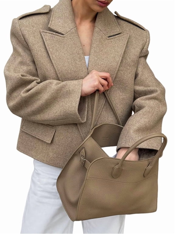 Female Crop Pea Coat Wool Blend Office Work Lapel Collar Short Winter Jacket Trench Coat Camel Color M