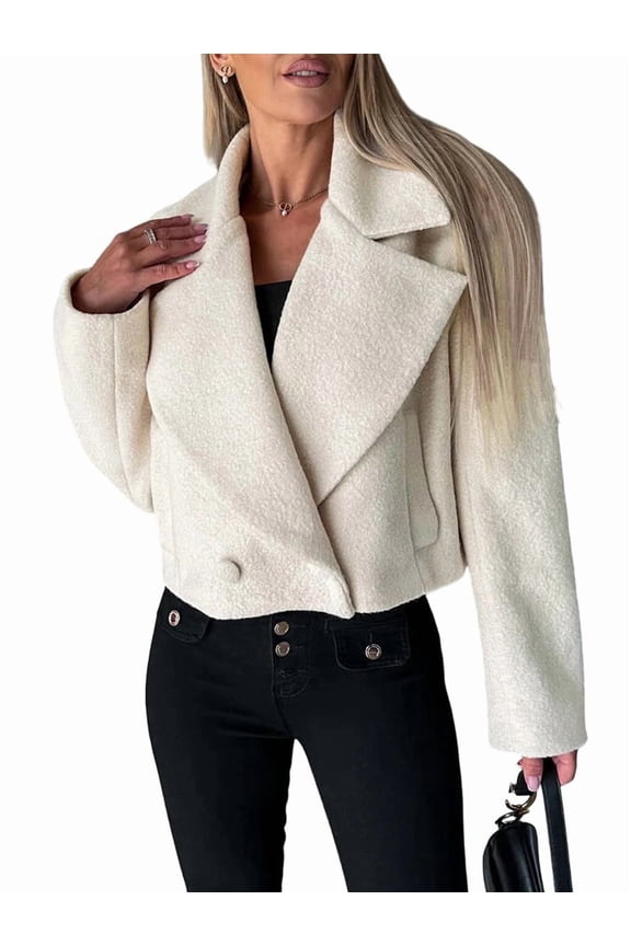 Female Crop Pea Coat Wool Blend Office Work Lapel Collar Short Winter Jacket Trench Coat White L