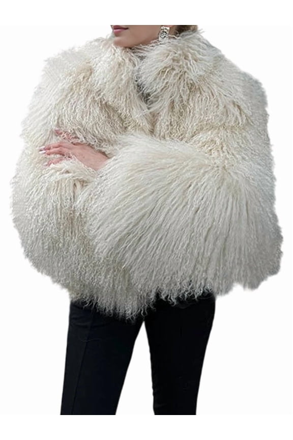 Female Cropped Faux Fur Jacket Lapel Cardigan Shrug Winter Faux Fur Coat White L