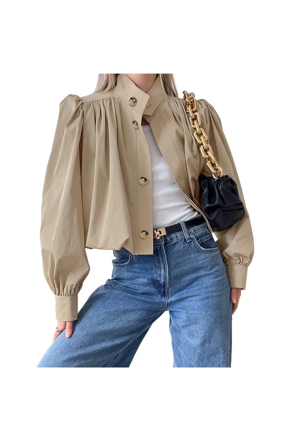 Female Cropped Pleated Jacket Puff Long Sleeve Button Down Trench Coat Casual Outwear Khaki M