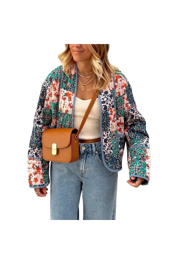 Female Cropped Puffer Quilted Jacket Cardigan Floral Printed Long Sleeve Open Front Short Padded Coats Blue L