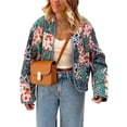 thumbnail image 1 of Female Cropped Puffer Quilted Jacket Cardigan Floral Printed Long Sleeve Open Front Short Padded Coats Blue M, 1 of 10