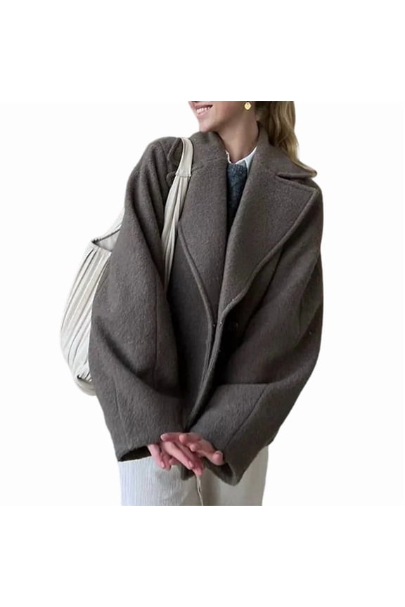 Female Cropped Thicken Wool Coats Oversized Short Jackets Notched Lapel Pea Coat Trench Overcoats with Pockets Gray S