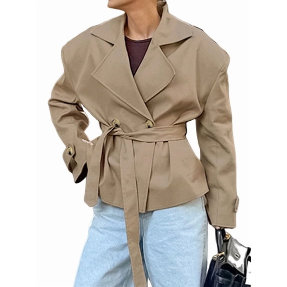 Female Cropped Trench Coat Casual Double Breasted Short Jacket Fall Fashion Outerwear with Belt Khaki M