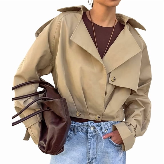 Female Cropped Trench Coat Lapel Long Sleeve Button Down Crop Jacket Double Breasted Coat Khaki S