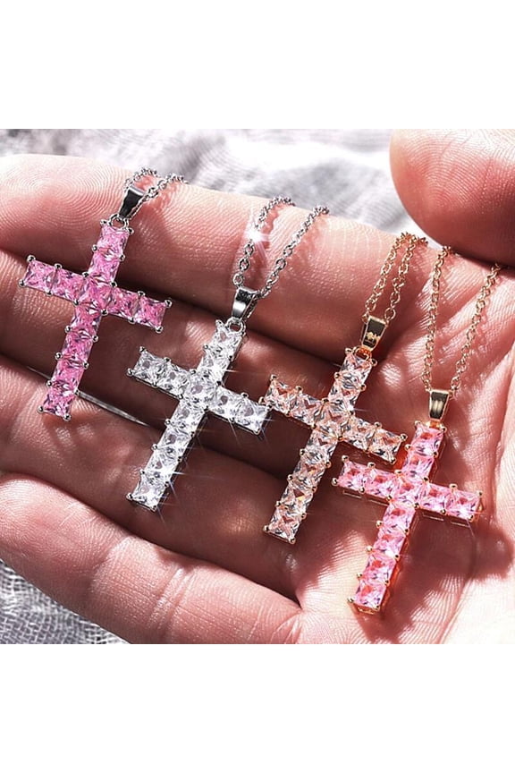 New Female Cross Necklace Inlaid White/Pink Cubic Zirconia Fashionable Versatile Women Necklace for Party Jewelry