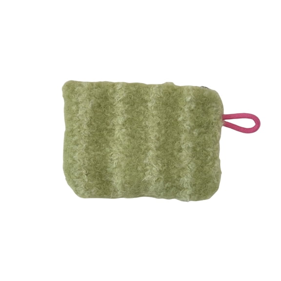 Female Cute Plush Mini Green Stripe Makeup Bag Key Handheld Wallet