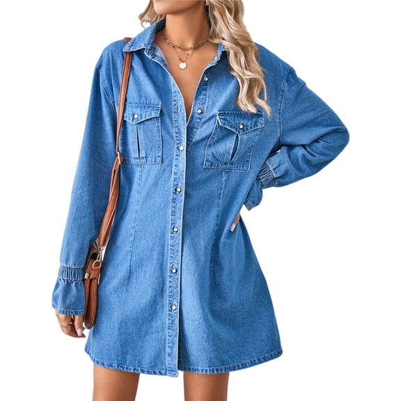 Female Denim Dress Long Sleeve Fall Western Outfit Babydoll Button Down Mini Jean Dresses Trendy with Pockets Blue M