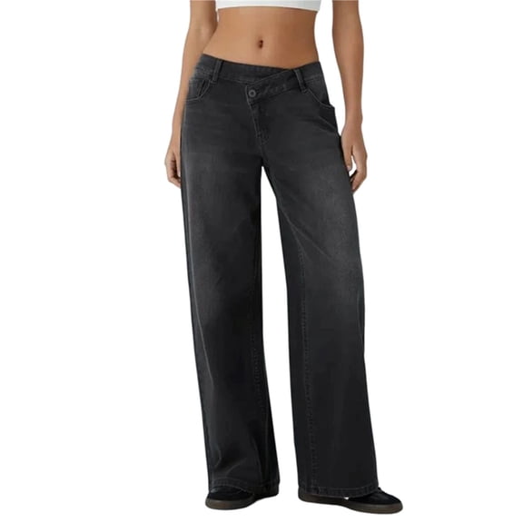 Female Denim High Waist Pocket Wide Leg Jeans Black XXL