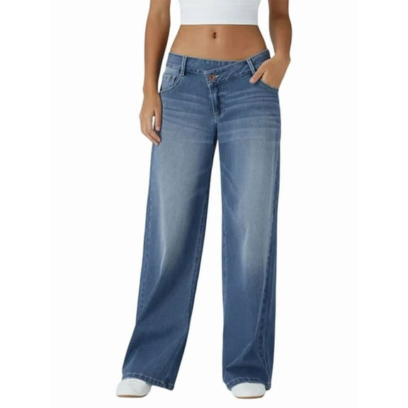 Female Denim High Waist Pocket Wide Leg Jeans Blue M