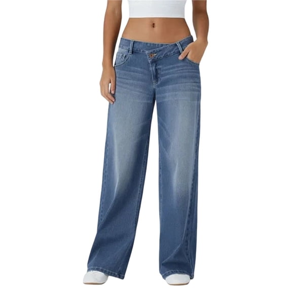 Female Denim High Waist Pocket Wide Leg Jeans Blue XL