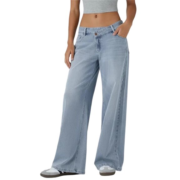 Female Denim High Waist Pocket Wide Leg Jeans Light Blue L