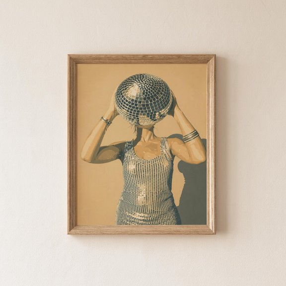 Female Disco Ball Head Disco Ball Girl Retro Glam Wall Art Neutral Party Print Fashion Illustration Chic Aesthetic Decor., Unframed Paper Print