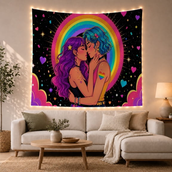 Female Duo Embracing Before a Rainbow Among Stars, Romantic Illustration for Couples, Rainbow Star Wall Art, Anniversary Gift, Tapestry Wall Hanging for Bedroom and Dorm