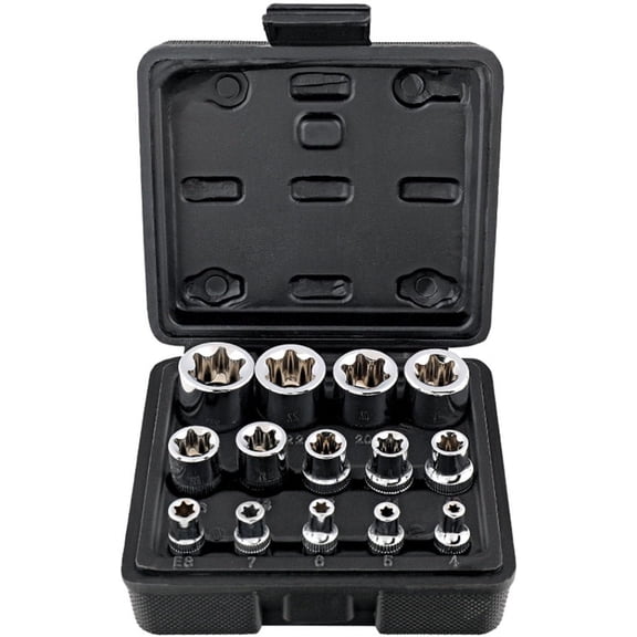 Female E  Socket Set with Case, 1/4, 3/8, 1/2 in. Drive E4-E24 External Torque  Socket Kit, 14 count