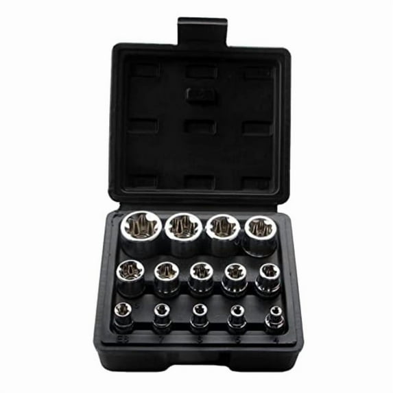 Female E Torx Socket Set with Case, 1/4, 3/8, 1/2 in. Drive E4-E24 External Torque Star Socket Kit, 14Pcs