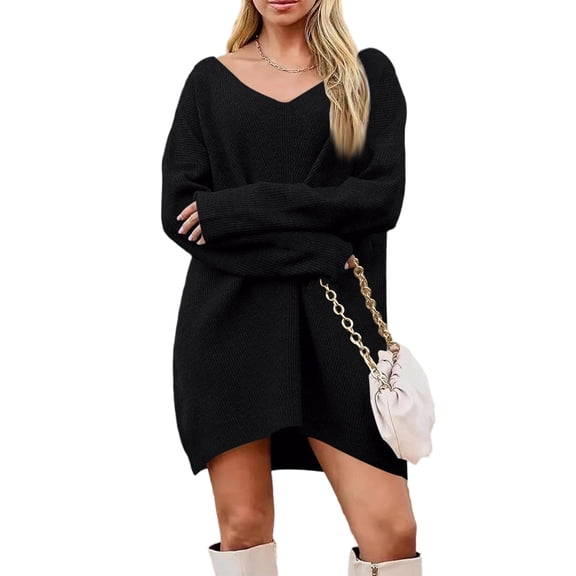 Female Elegance Knitted Dress Fashion Long Sleeves V-neck Mid Length Warm Dresses Autumn Winter Lady Solid Color Loose Gown Dress Black S