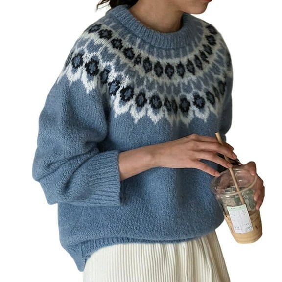 Female Fair- Sweater Casual Vintage Crew Neck Knitted Sweater Cute Graphic Fall Fashion Pullover Jumper Tops Blue M