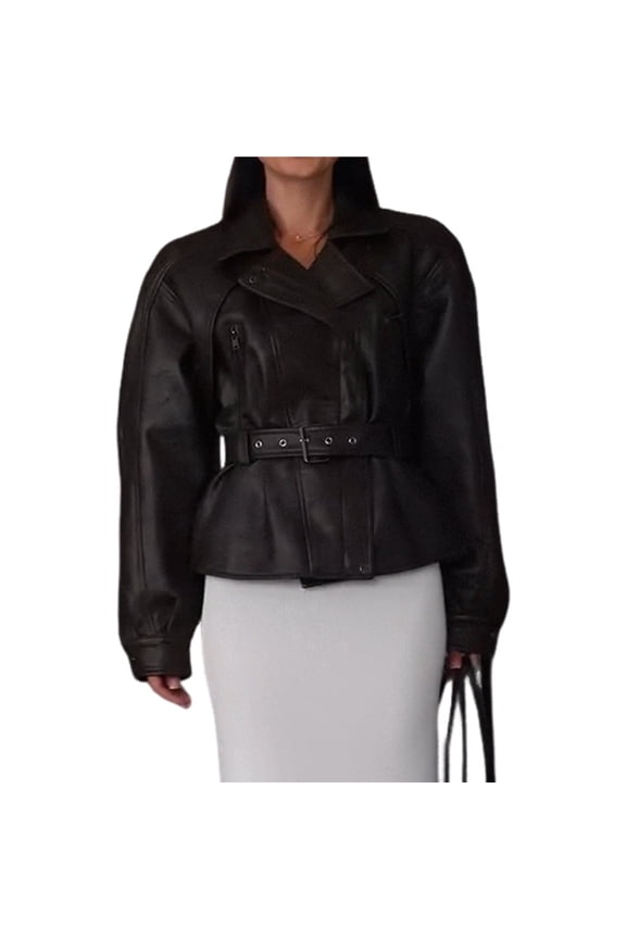 Female Fall Belted Faux Leather Jacket Business Casual Faux Leather Short Trench Coat Black XL