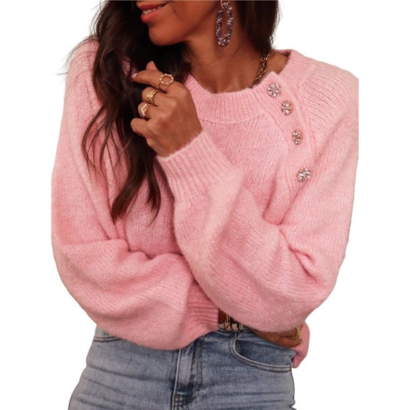 Female Fall Down Long Sleeve Knit Winter Raglan Sleeve Round Button-Down Knit Sweater Pink XL