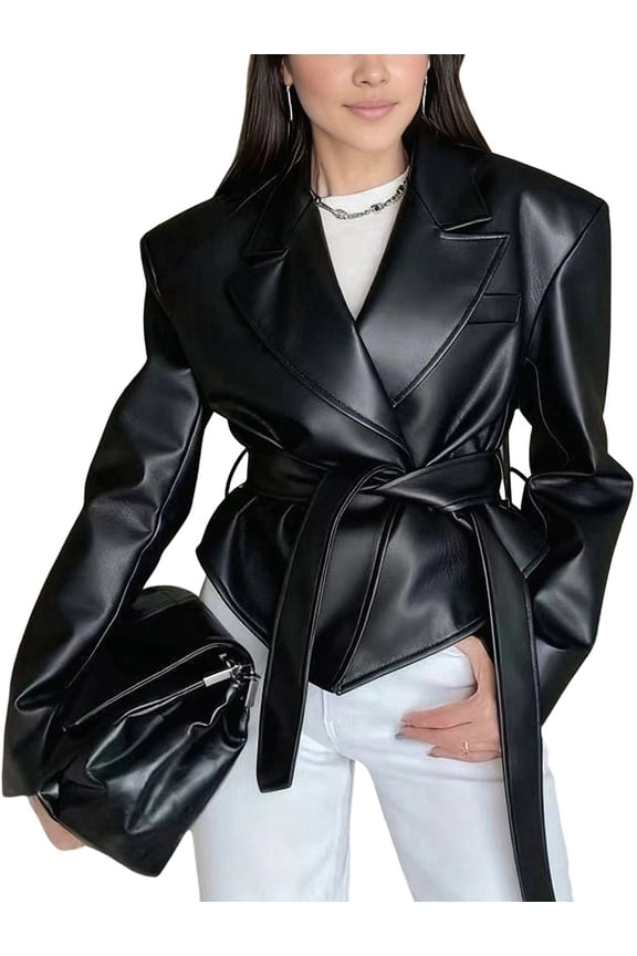 Female Fall Fashion Leather Jacket Casual Belt Button Down Blazer Trendy Coat Outerwear Black XXXL