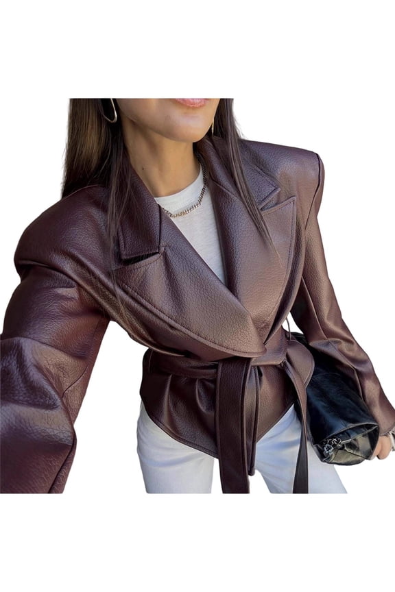 Female Fall Fashion Leather Jacket Casual Belt Button Down Blazer Trendy Coat Outerwear Reddish-Brown XXXL