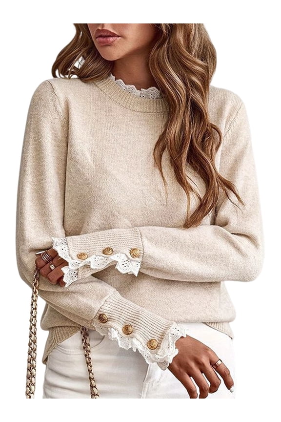 Female Fall Sweaters Lace Peplum Mock Neck Cozy Sweater Pullover Apricot Color L