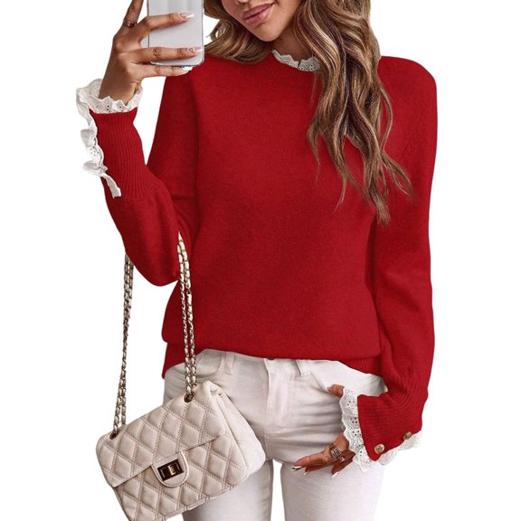 Female Fall Sweaters Lace Peplum Mock Neck Cozy Sweater Pullover Red M