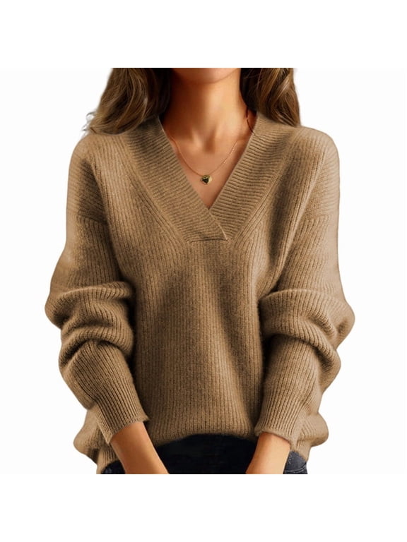 Female Fall V Neck Sweaters Casual Knit Long Sleeve Loose Fit Pullover Sweater Blouse Camel L