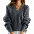 thumbnail image 1 of Female Fall V Neck Sweaters Casual Knit Long Sleeve Loose Fit Pullover Sweater Blouse Grey L, 1 of 3