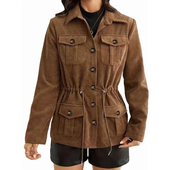 Female Fashion Corduroy Shackets Down Jackets Tops Fall Trendy Long Sleeve Shirts Brown M