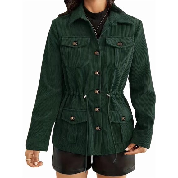 Female Fashion Corduroy Shackets Down Jackets Tops Fall Trendy Long Sleeve Shirts Green L