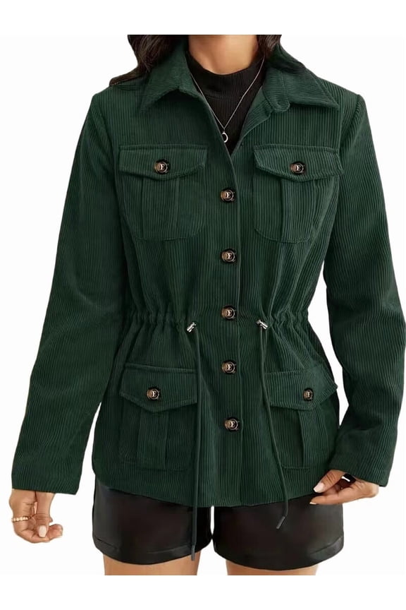 Female Fashion Corduroy Shackets Down Jackets Tops Fall Trendy Long Sleeve Shirts Green XXL