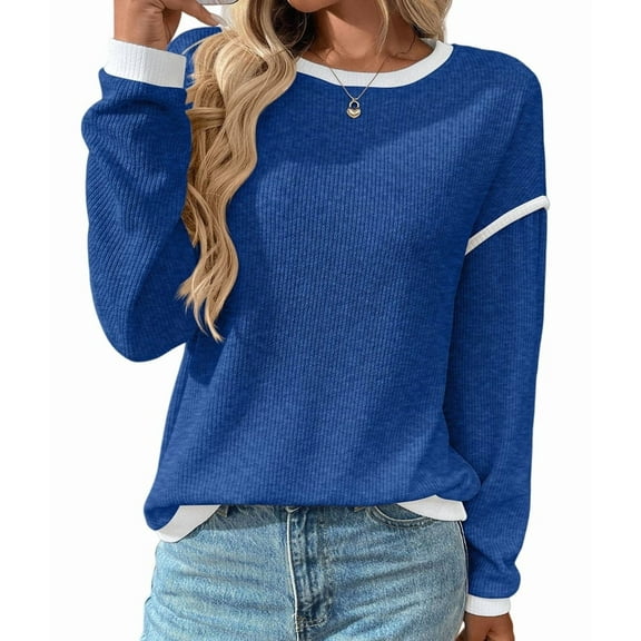 Female Fashion Crewneck Pullover Sweater Casual Color Block Ribbed Knit Tops Loose Fall Tops Deep Blue L
