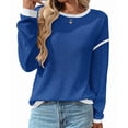 thumbnail image 1 of Female Fashion Crewneck Pullover Sweater Casual Color Block Ribbed Knit Tops Loose Fall Tops Deep Blue M, 1 of 9