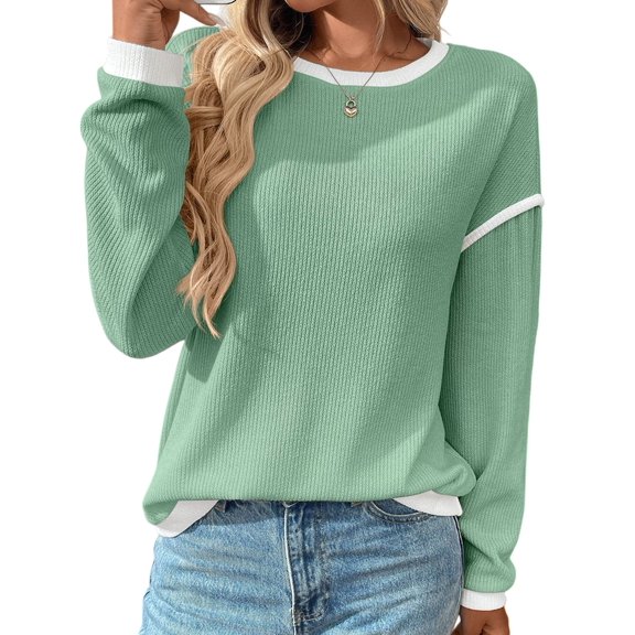 Female Fashion Crewneck Pullover Sweater Casual Color Block Ribbed Knit Tops Loose Fall Tops Light Green L