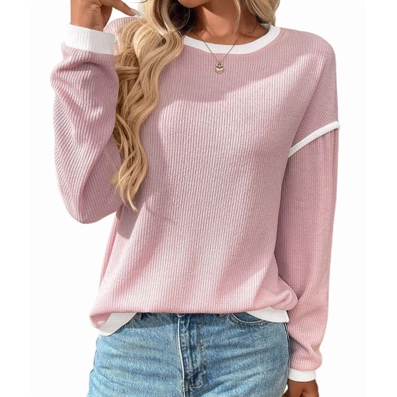 Female Fashion Crewneck Pullover Sweater Casual Color Block Ribbed Knit Tops Loose Fall Tops Pink XL